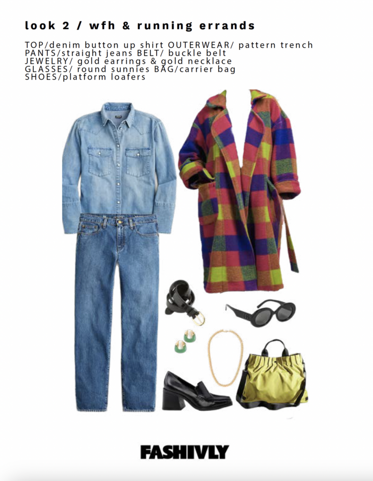 The second look from my Fashivly style guide shows a denim shirt tucked into straight leg jeans, a colorful robe-style coat, black chunky heeled loafers, a chartreuse and black leather satchel, gold Kenneth Jay Lane statement necklace, small gold hoops, a black leather belt and black Dolce and Gabbana oversized sunglasses.